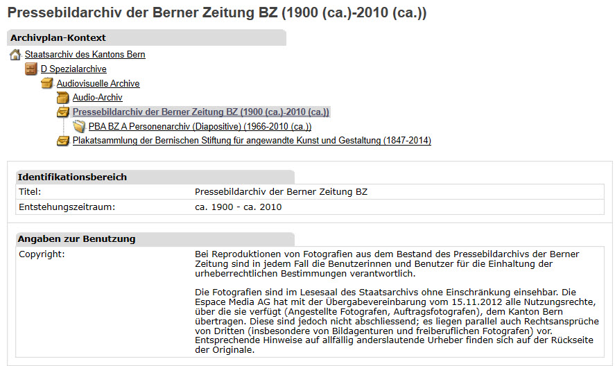 Ansicht der Stufe Bestand im Online-Inventar, Titel, Entstehungszeitraum, Copyright