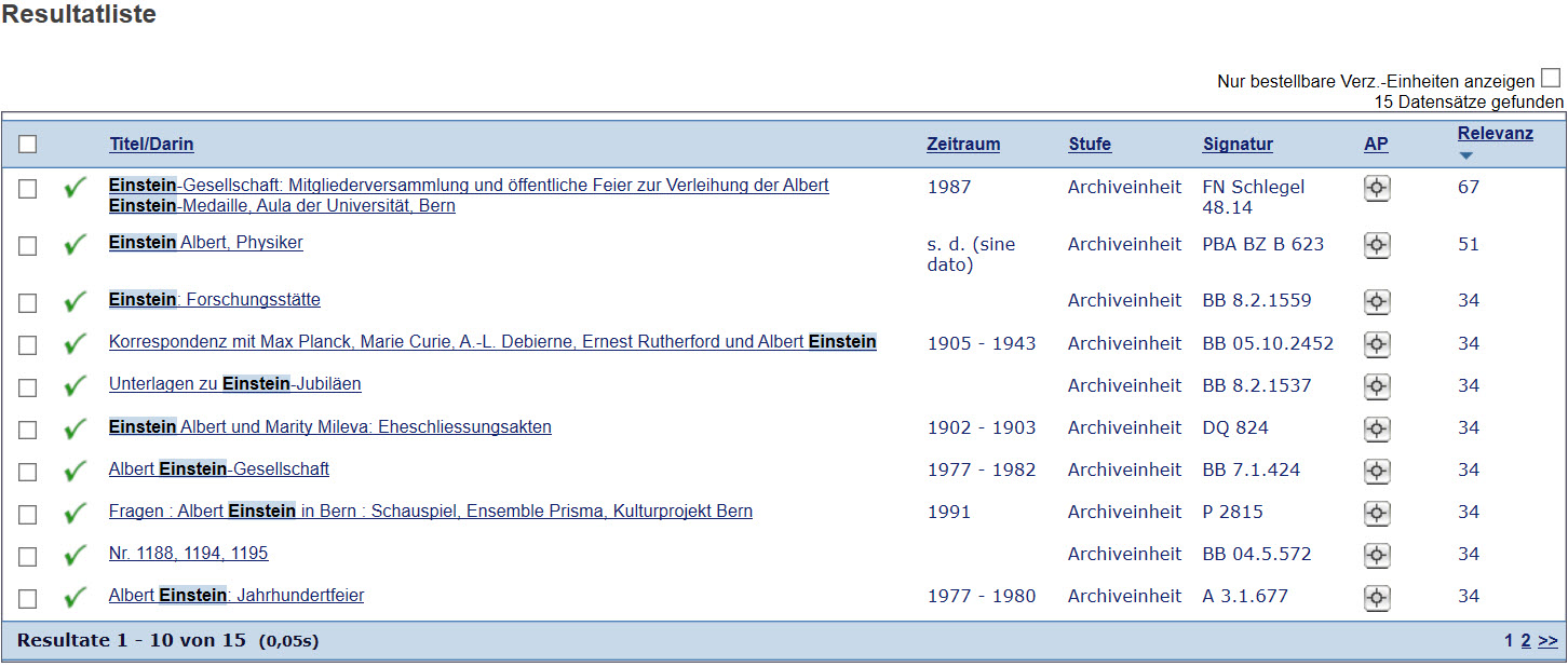 Auflistung der Resultate nach Titel, Zeitraum, Signatur und Relevanz bei der Archivplansuche