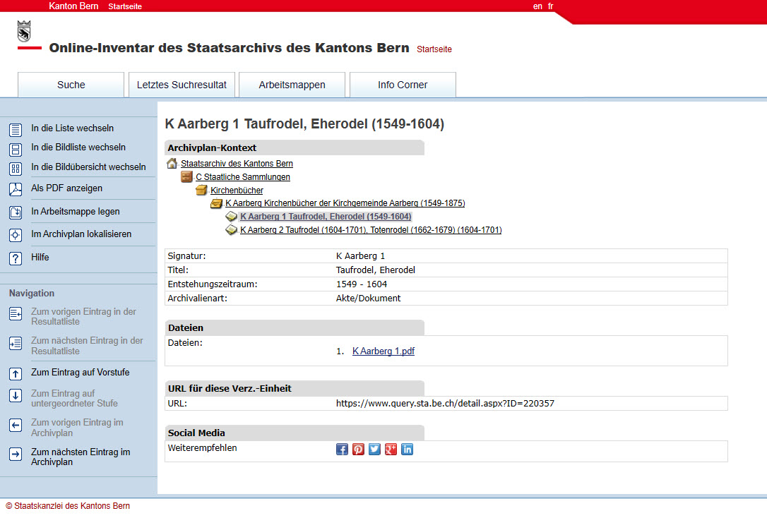 Detailansicht vom Kirchenbuch Aarberg 1 im Online Katalog