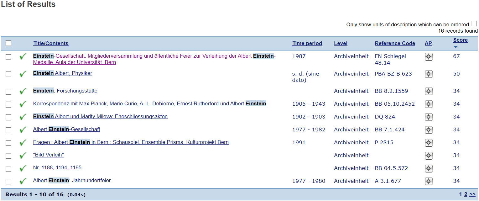Listing of results by title, time period, reference code and score in the archive plan search
