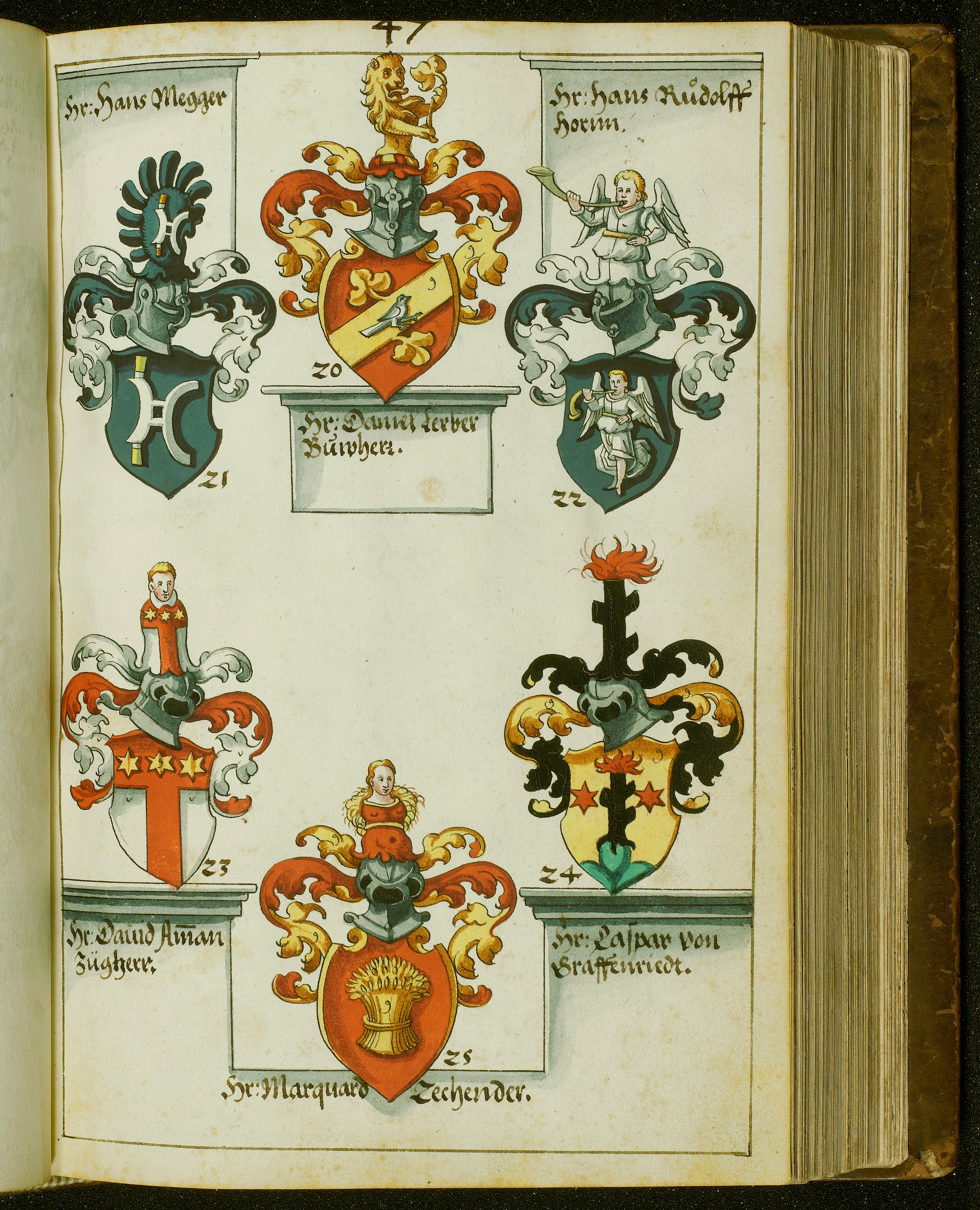 Johann Ulrich Fisch’s Amorial from 1622. Illustration of six coats of arms.