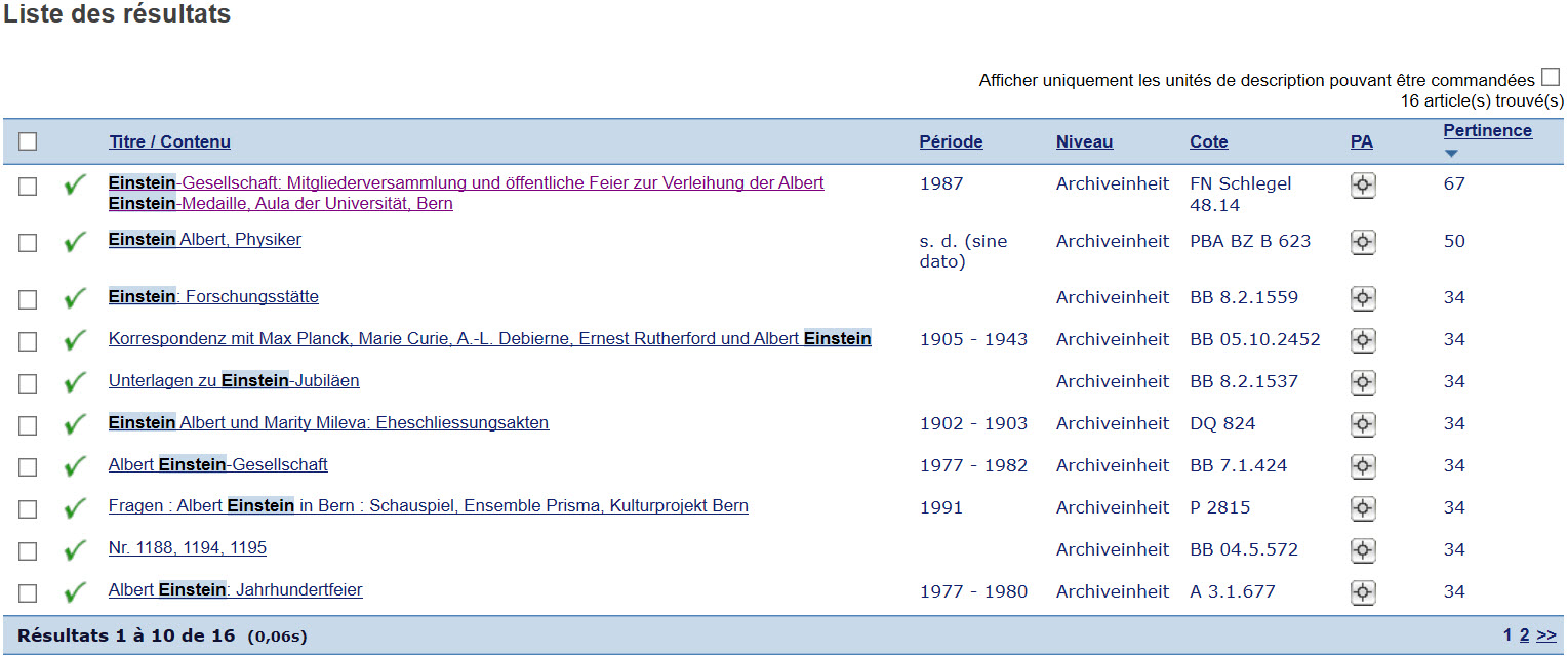 Liste des résultats par titre, période, cote et pertinence dans la recherche du plan d'archivage