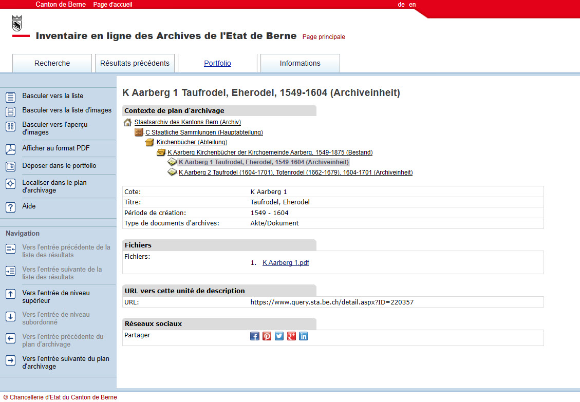 Vue détaillée du registre paroissial Aarberg 1 dans le catalogue en ligne